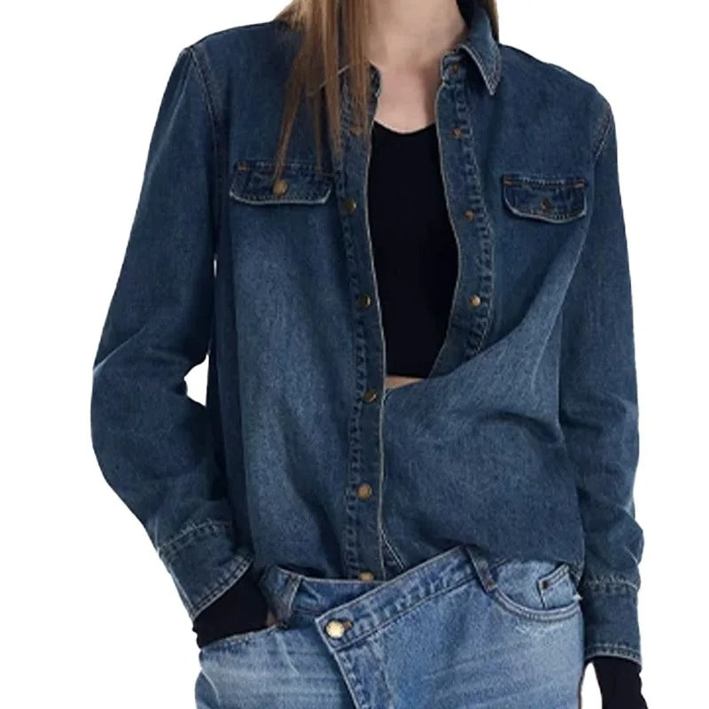 Dark Blue Denim Shirt with Integrated Tie Detail
