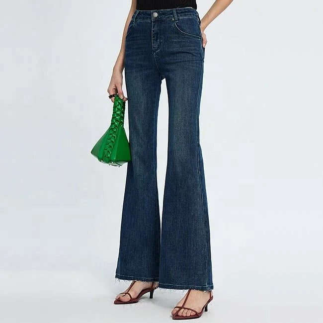 Dark Blue Wide-Flare Frayed-Hem Jeans