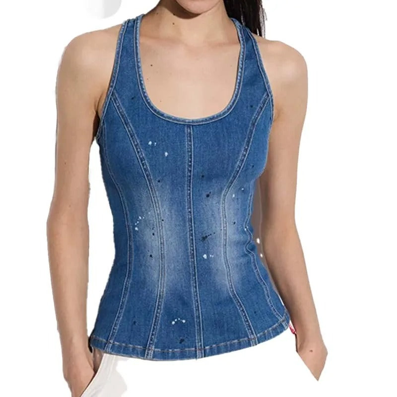 Blue Denim Tank Top with Racerback Design