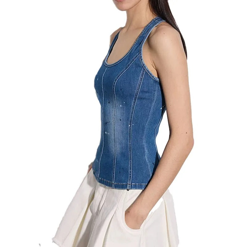 Blue Denim Tank Top with Racerback Design