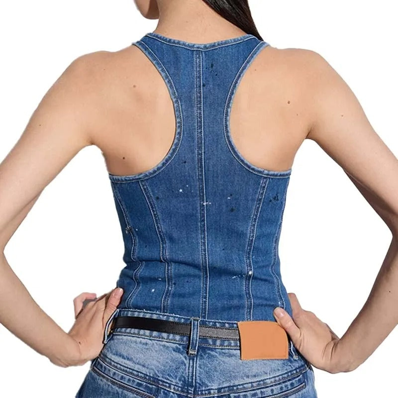 Blue Denim Tank Top with Racerback Design