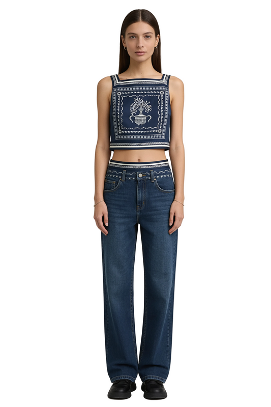 Blue Printed Crop Top with Open Back Tie Detail