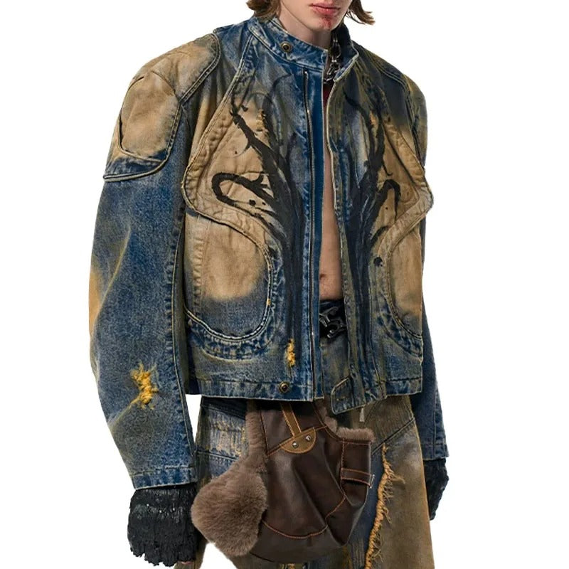 Blue and Beige Washed Denim Jacket with Panel Detailing