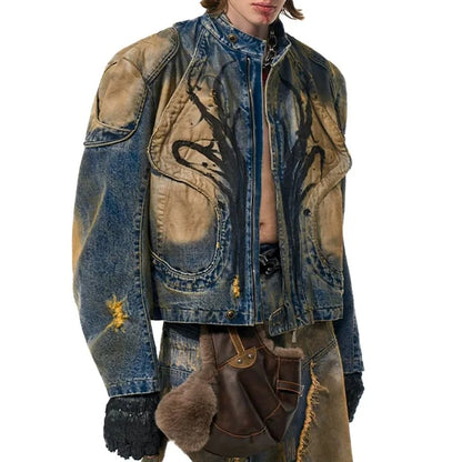 Blue and Beige Washed Denim Jacket with Panel Detailing