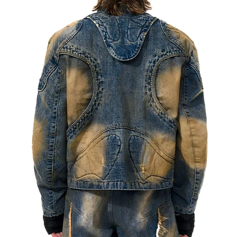 Blue and Beige Washed Denim Jacket with Panel Detailing