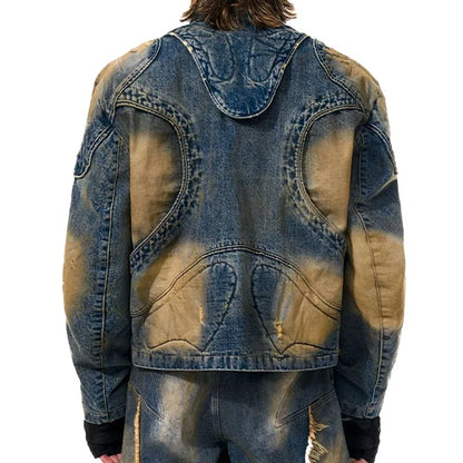 Blue and Beige Washed Denim Jacket with Panel Detailing