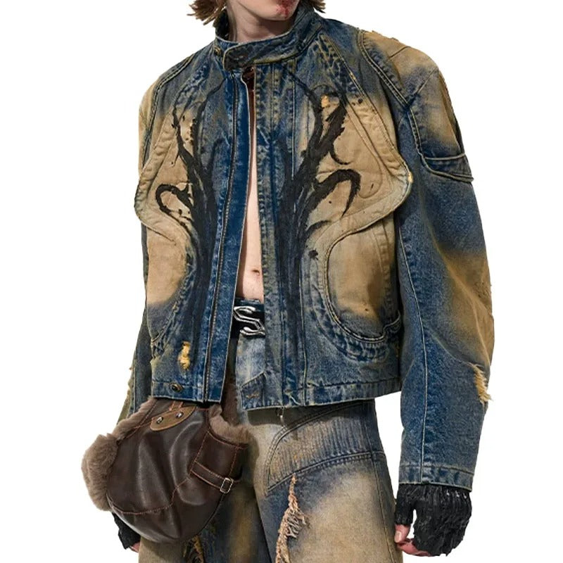 Blue and Beige Washed Denim Jacket with Panel Detailing