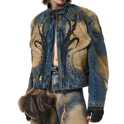 Blue and Beige Washed Denim Jacket with Panel Detailing
