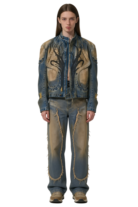 Blue and Beige Washed Denim Jacket with Panel Detailing