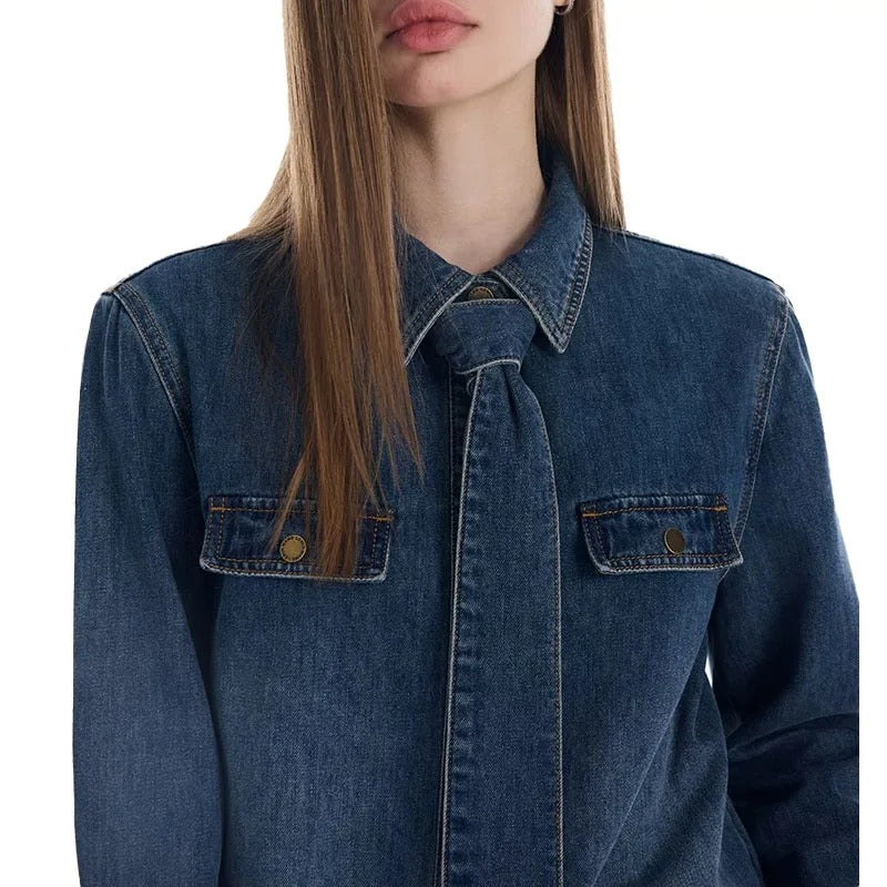 Dark Blue Denim Shirt with Integrated Tie Detail