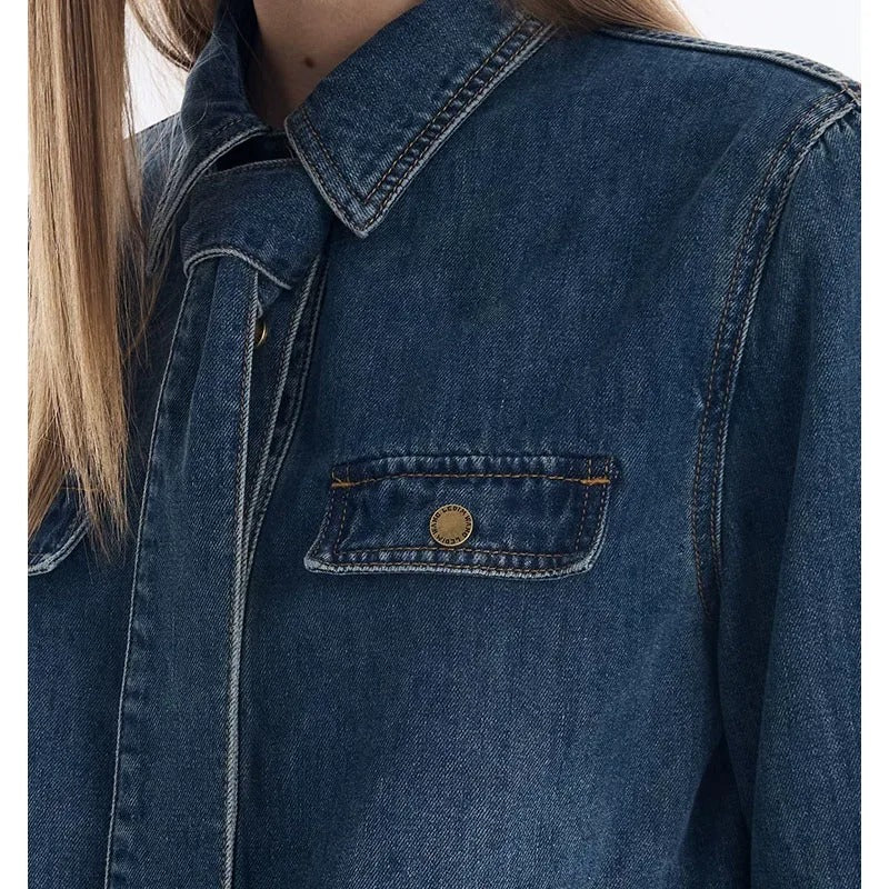 Dark Blue Denim Shirt with Integrated Tie Detail