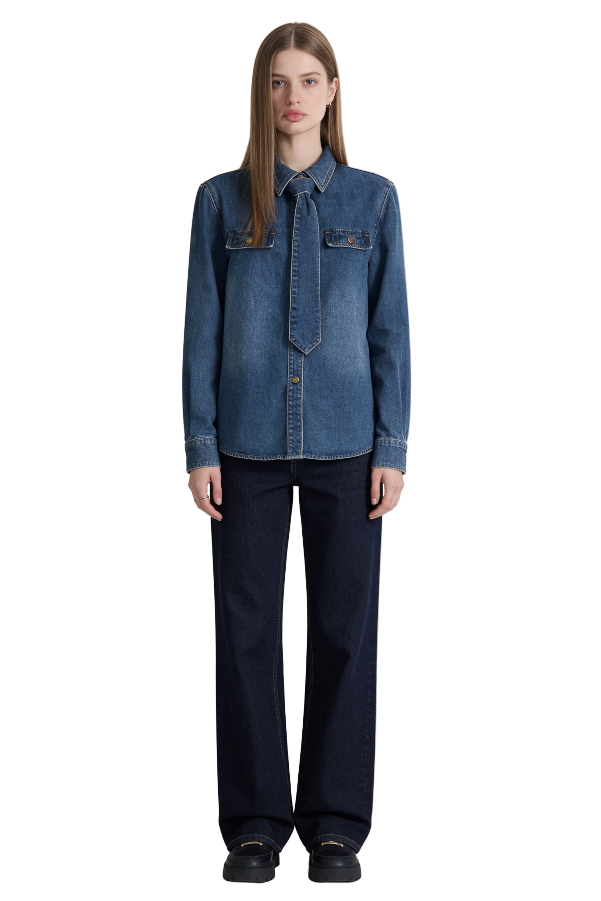 Dark Blue Denim Shirt with Integrated Tie Detail