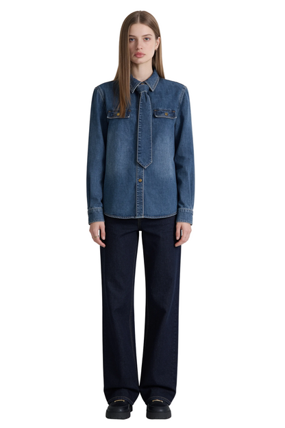 Dark Blue Denim Shirt with Integrated Tie Detail