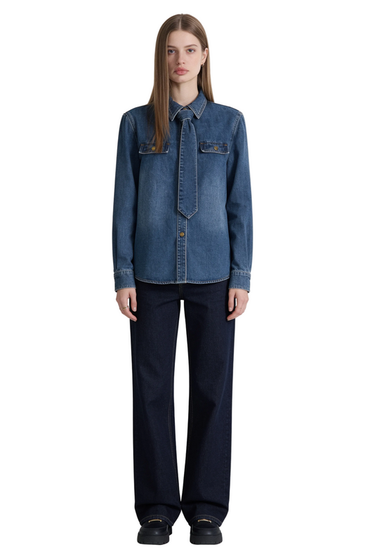 Dark Blue Denim Shirt with Integrated Tie Detail