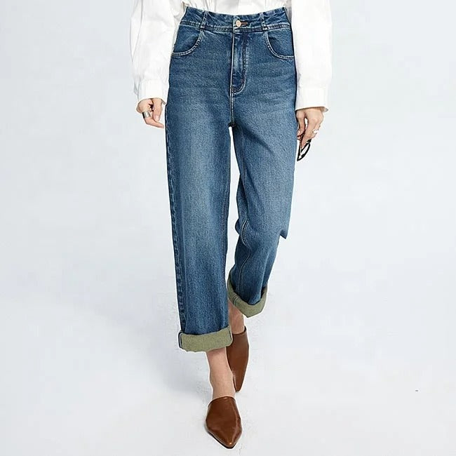 Dark Blue Straight-Leg High-Waist Jeans