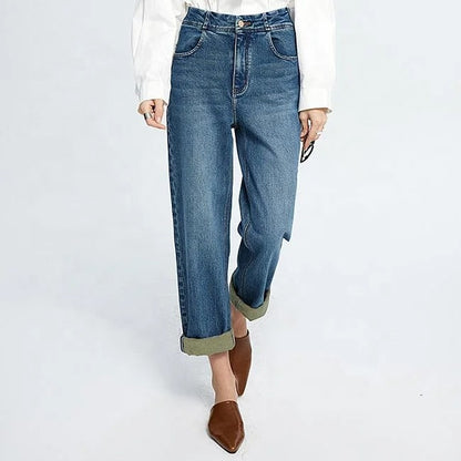 Dark Blue Straight-Leg High-Waist Jeans