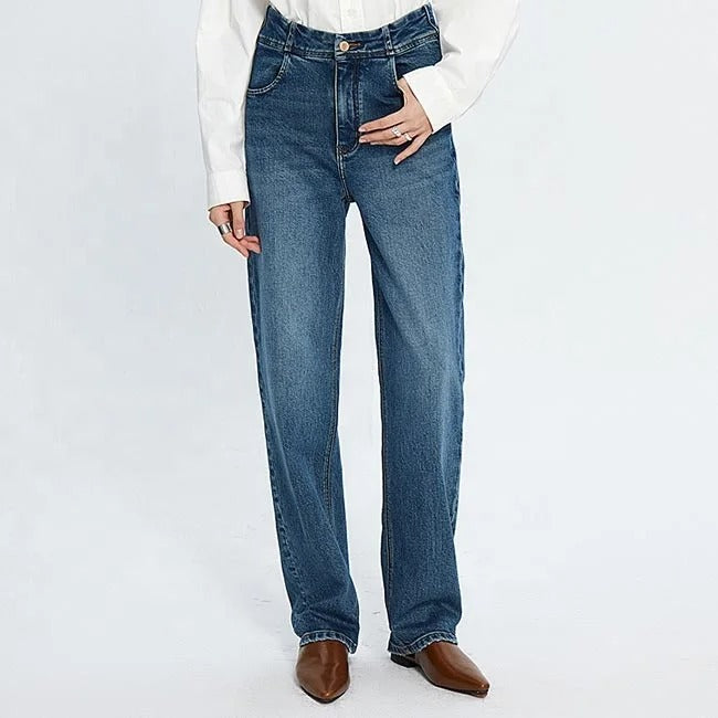 Dark Blue Straight-Leg High-Waist Jeans