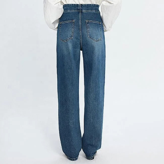 Dark Blue Straight-Leg High-Waist Jeans
