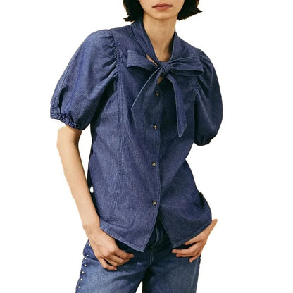 Dark Denim Puff Sleeve Bow Blouse