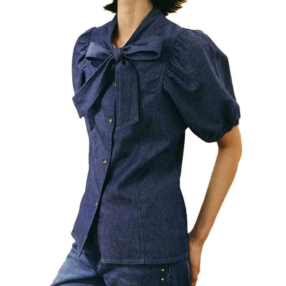 Dark Denim Puff Sleeve Bow Blouse