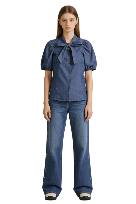 Dark Denim Puff Sleeve Bow Blouse