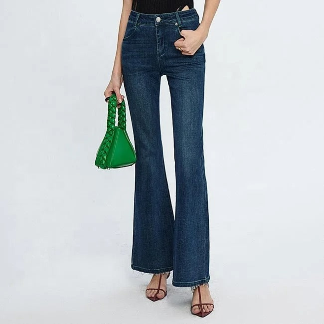 Dark Blue Wide-Flare Frayed-Hem Jeans
