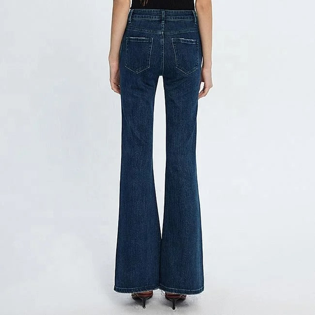 Dark Blue Wide-Flare Frayed-Hem Jeans