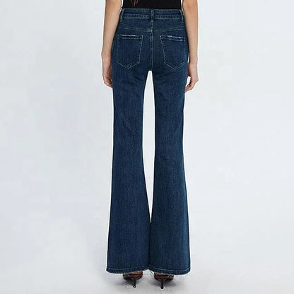 Dark Blue Wide-Flare Frayed-Hem Jeans