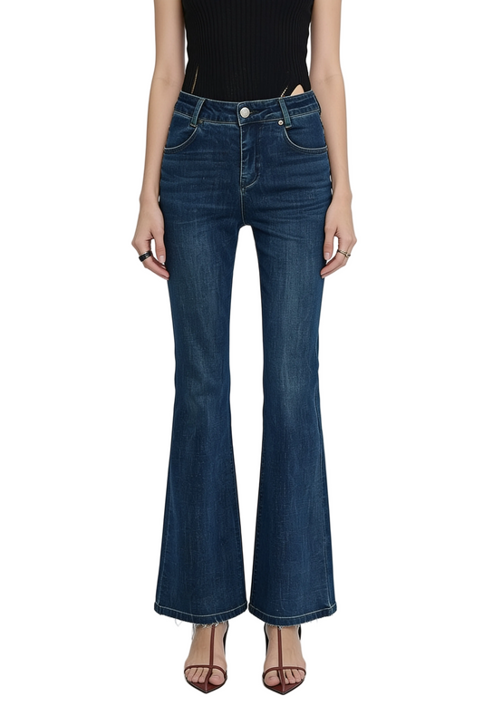 Dark Blue Wide-Flare Frayed-Hem Jeans