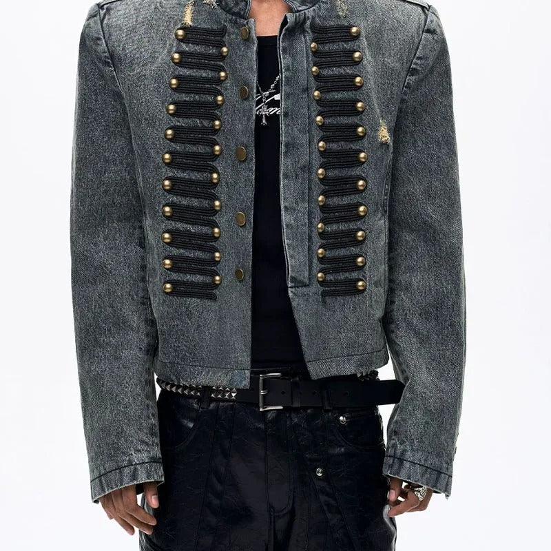 Grey Washed Military-Style Denim Jacket