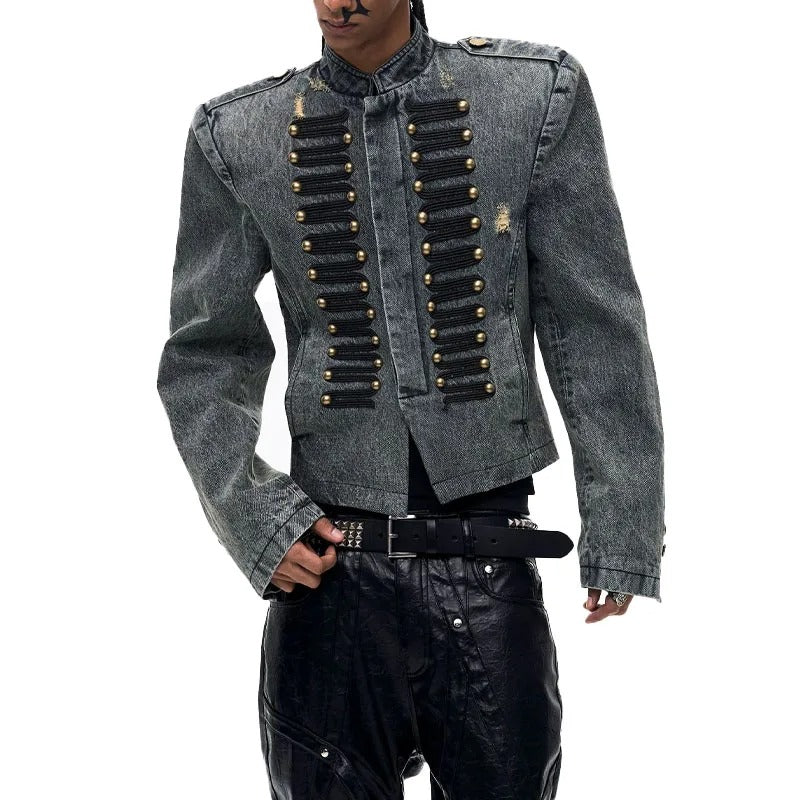 Grey Washed Military-Style Denim Jacket