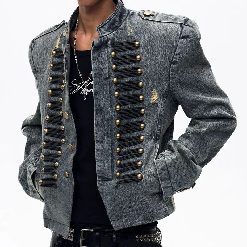 Grey Washed Military-Style Denim Jacket