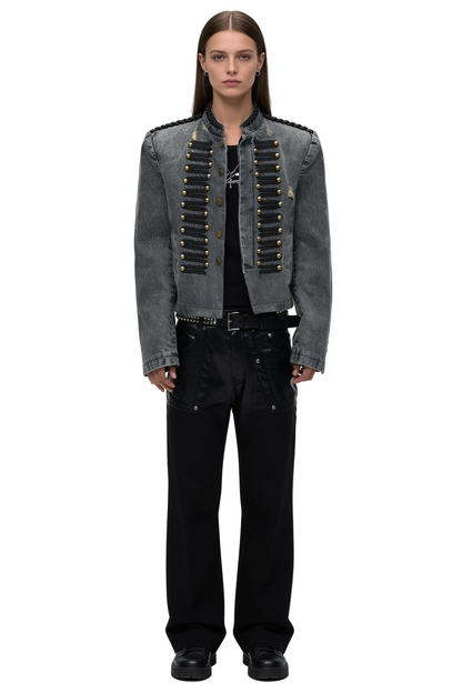 Grey Washed Military-Style Denim Jacket