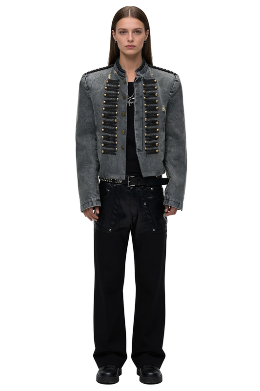 Grey Washed Military-Style Denim Jacket