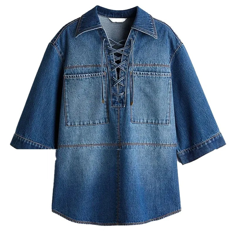 Lace-Up Denim Tunic Top