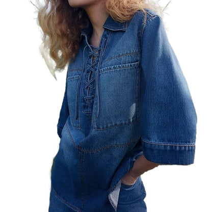 Lace-Up Denim Tunic Top