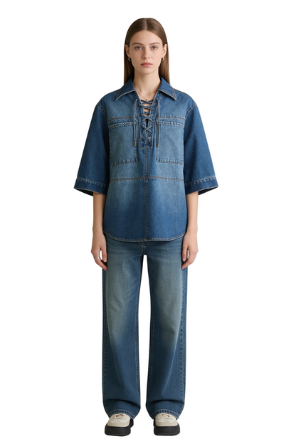 Lace-Up Denim Tunic Top