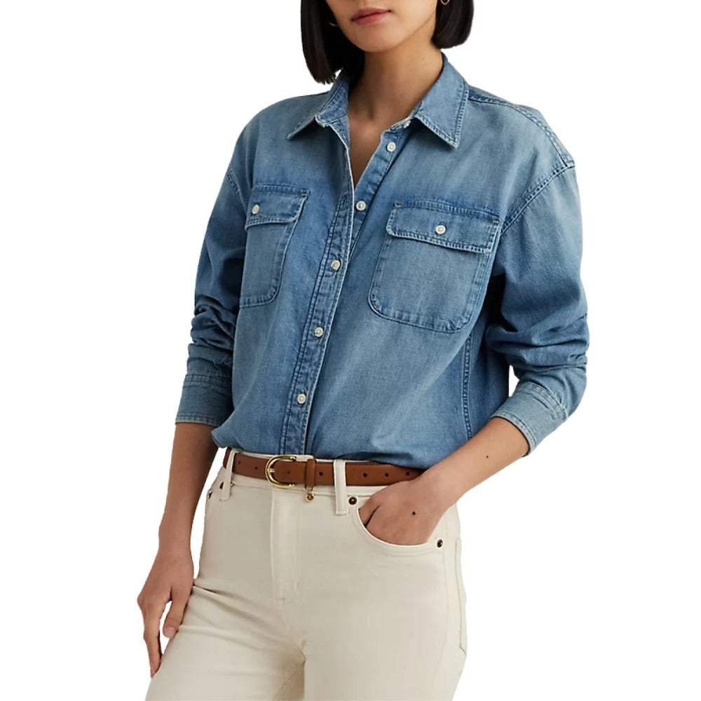 Light Blue Denim Shirt with Chest Pockets and Button Closure
