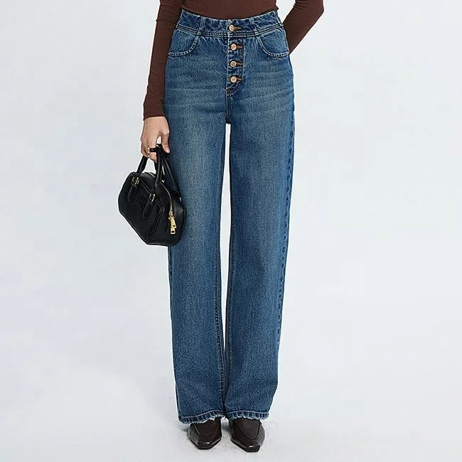Mid Blue Wide-Leg Button-Fly Jeans