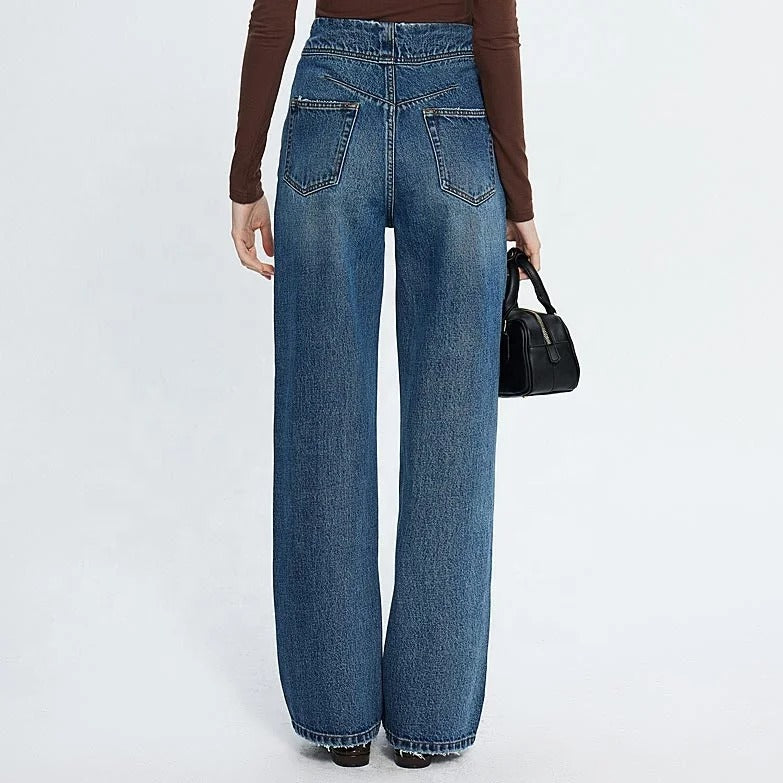 Mid Blue Wide-Leg Button-Fly Jeans