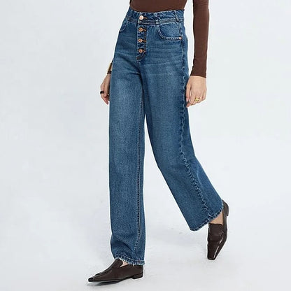 Mid Blue Wide-Leg Button-Fly Jeans