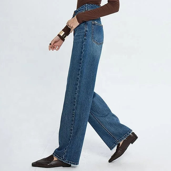 Mid Blue Wide-Leg Button-Fly Jeans