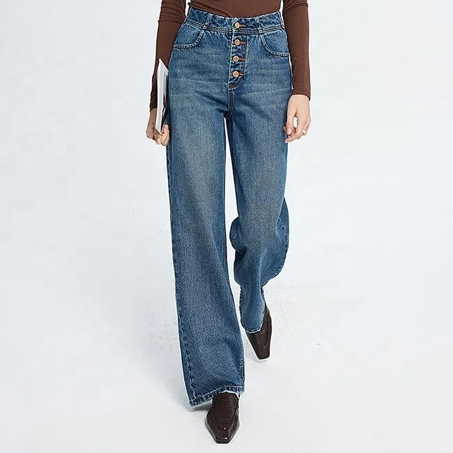 Mid Blue Wide-Leg Button-Fly Jeans