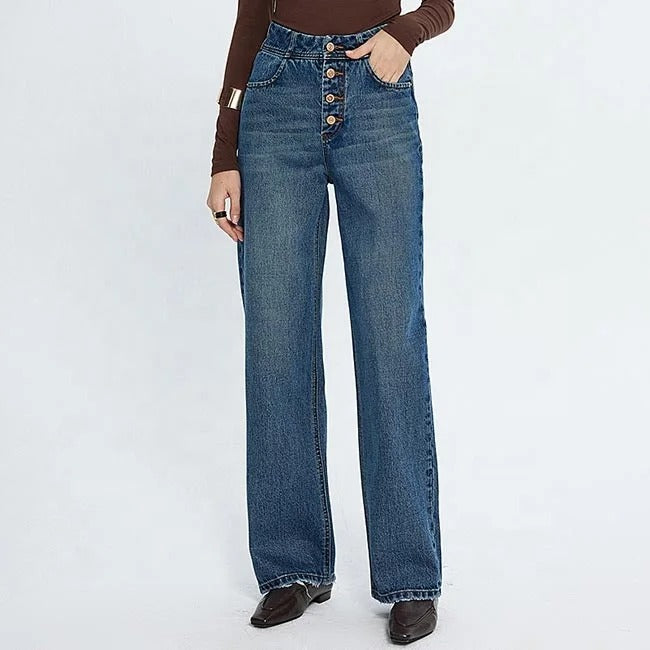 Mid Blue Wide-Leg Button-Fly Jeans
