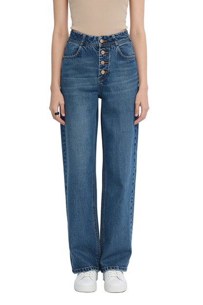 Mid Blue Wide-Leg Button-Fly Jeans
