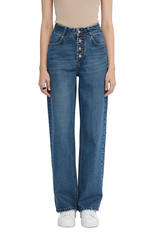 Mid Blue Wide-Leg Button-Fly Jeans