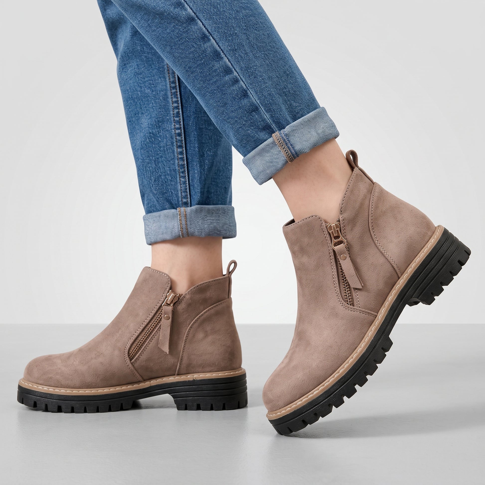 Dipni Women's Chunky Ankle Boots - Khaki On-Model Feet