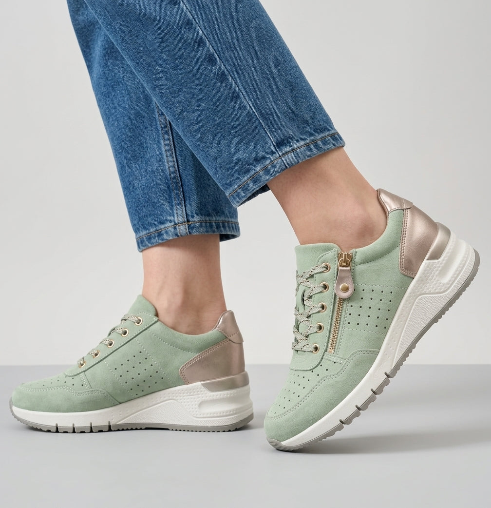 Dipni Women's All-Day Walking Shoes Vegan Suede - Mint On-Model Feet