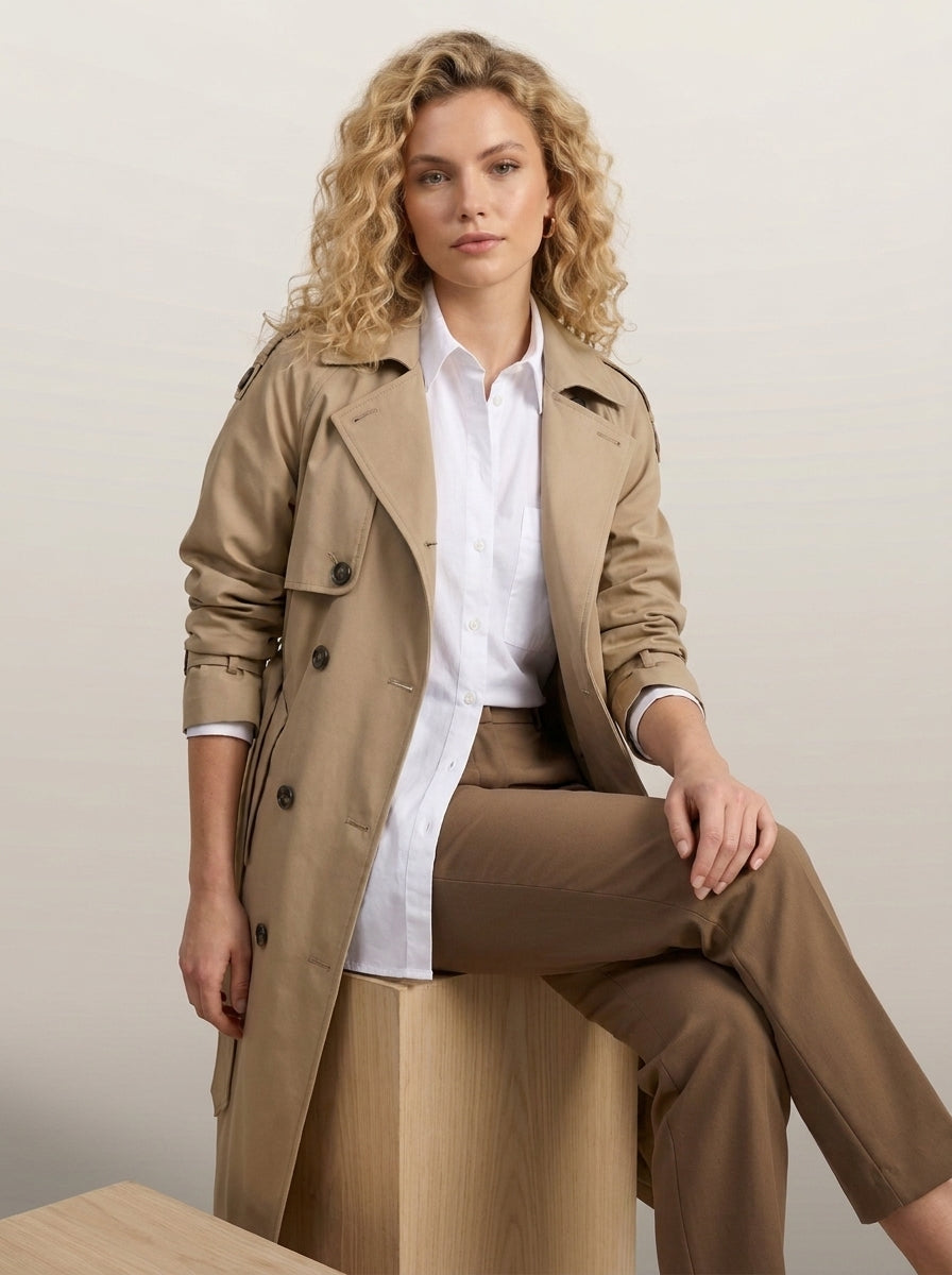 dipni womens belted trench coat khaki seated 08