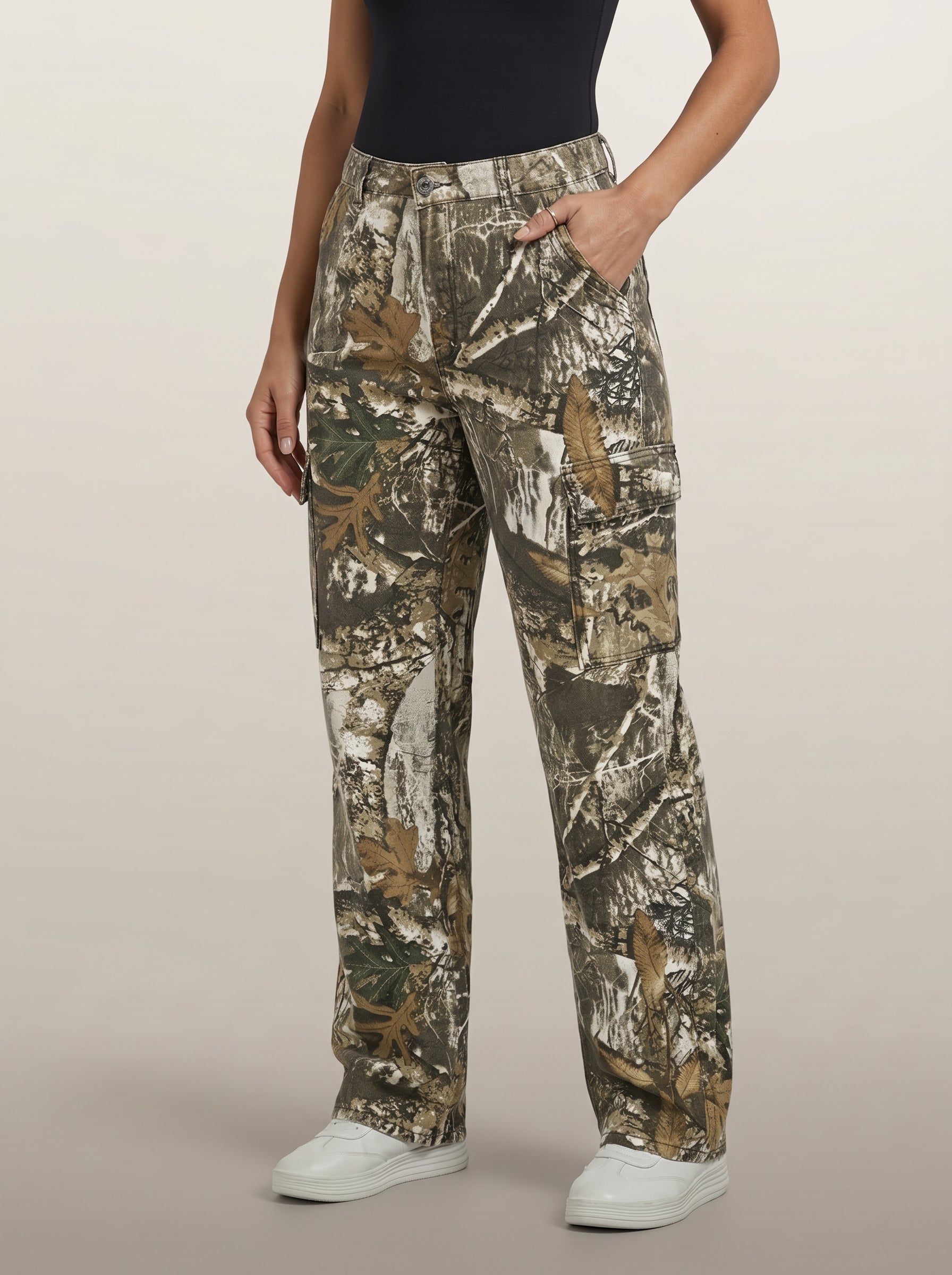 Dipni | Women's Camo Cargo Pants High Rise Loose Fit